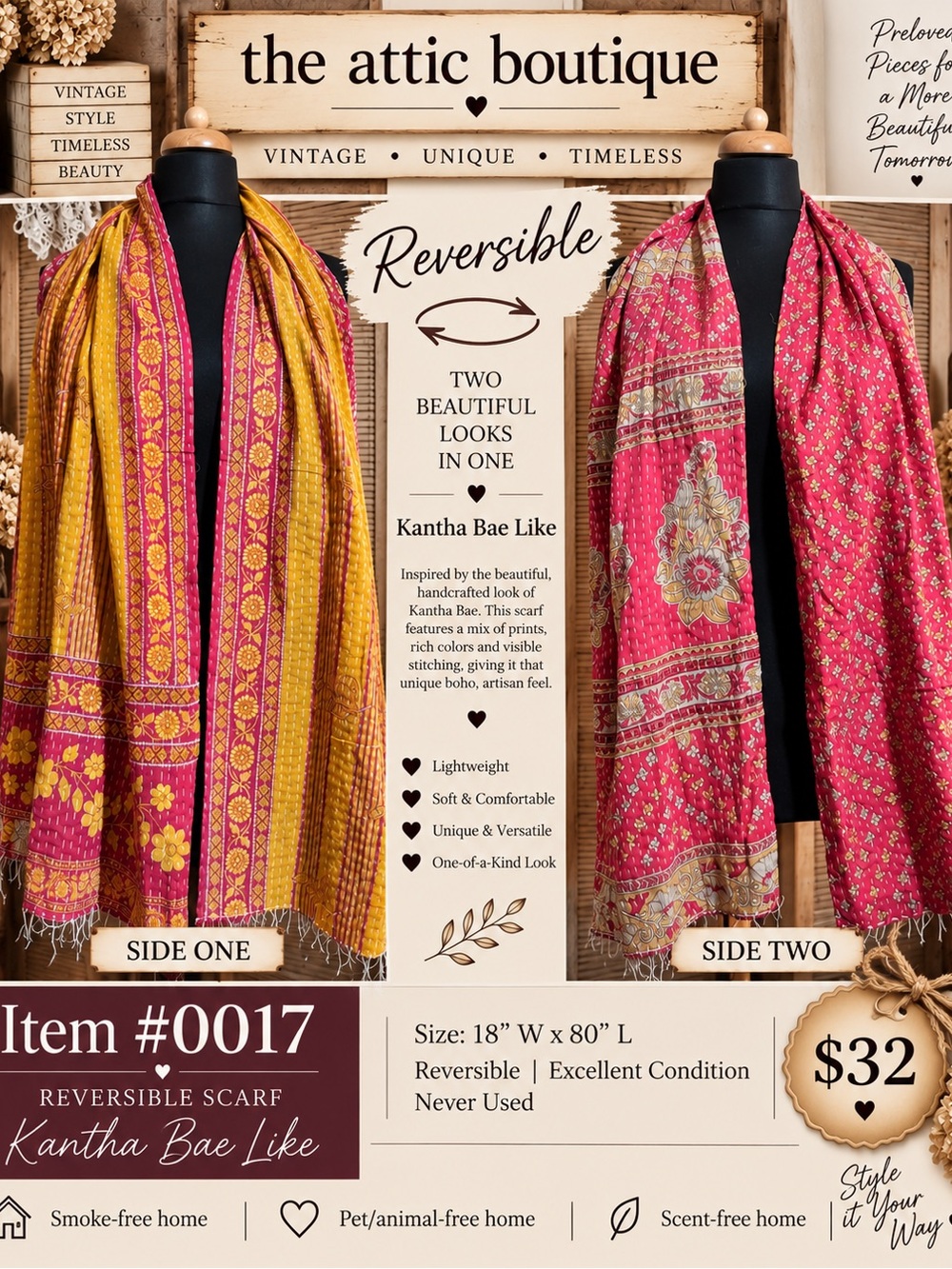 Reversible Kantha-Inspired Scarf in Pink & Gold